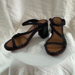 navy sandal heel, Carrie Forbes, raffia woven